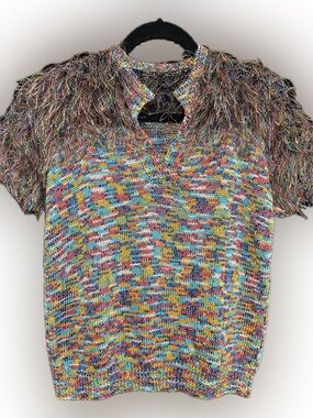 1980’s Vintage Handmade Cropped Knit Sweater with Fringe Yoke Multicolor Boho.